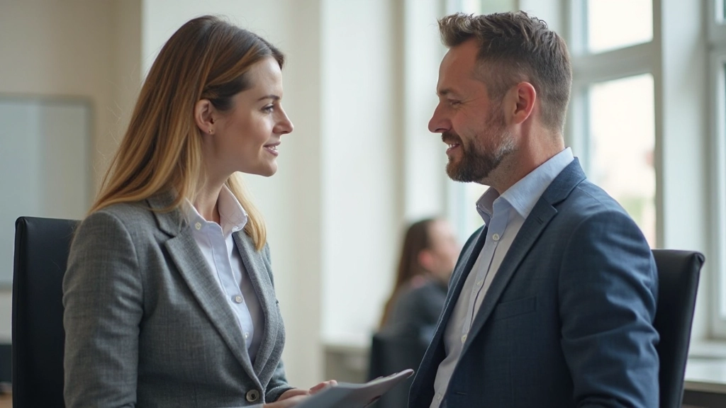 Twee professionele mensen in een productief gesprek met open lichaamstaal en respectvolle houding