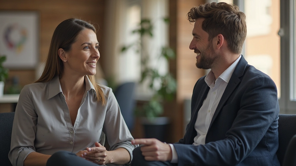 Twee professionals in constructief gesprek met positieve lichaamstaal en aandacht voor elkaar